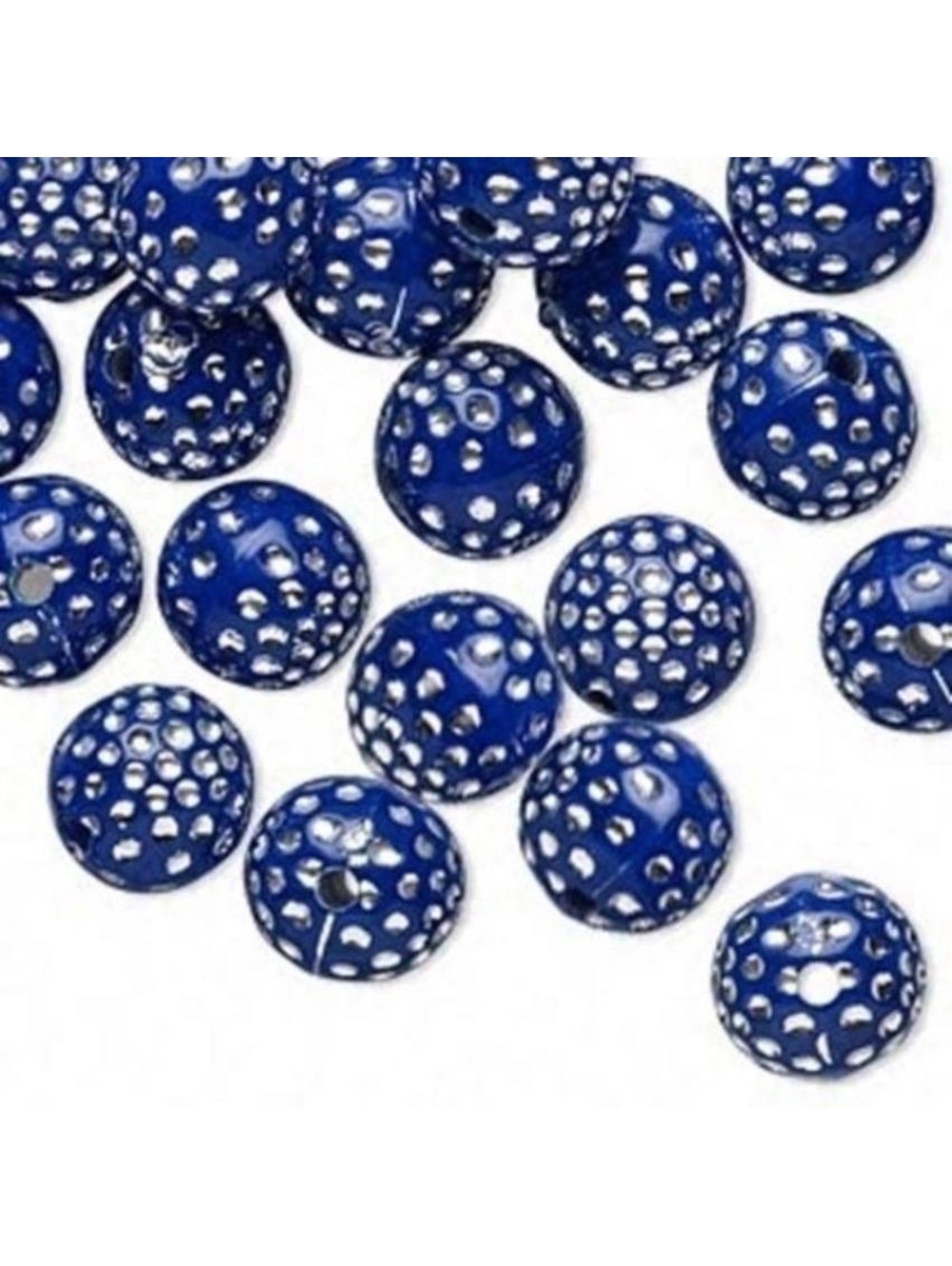 Retro Cobalt Blue Silver Polka Dot 10mm Round Beads 20 pcs